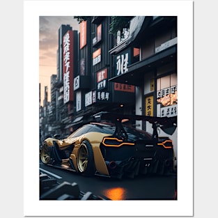 Dark Sports Car in Japanese City Posters and Art